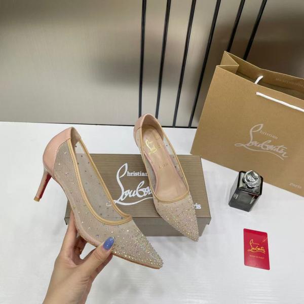 Christian Louboutin Follies Strass Women Pumps Heel With OG Box & Dust Cover Apricot