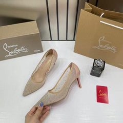 Christian Louboutin Follies Strass Women Pumps Heel With OG Box & Dust Cover Apricot