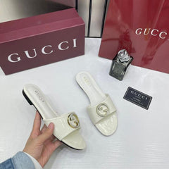 Gucci Round Interlocking G in White Leather Shiny Classic Slides With OG Box & Carry Bag 1892