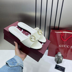 Gucci Round Interlocking G in White Leather Shiny Classic Slides With OG Box & Carry Bag 1892