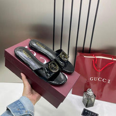 Gucci Round Interlocking G in Black Leather Shiny Classic Slides With OG  Box & Carry Bag 1892