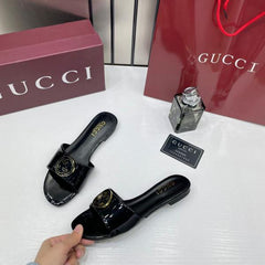 Gucci Round Interlocking G in Black Leather Shiny Classic Slides With OG  Box & Carry Bag 1892