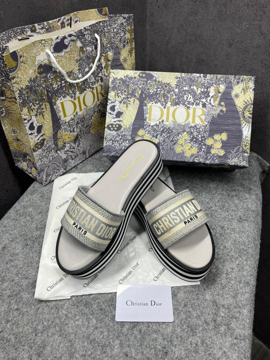 Dior Riviera Dway Platform Raffia Slides For Women With OG Box And Carry Bag Grey 5099 10