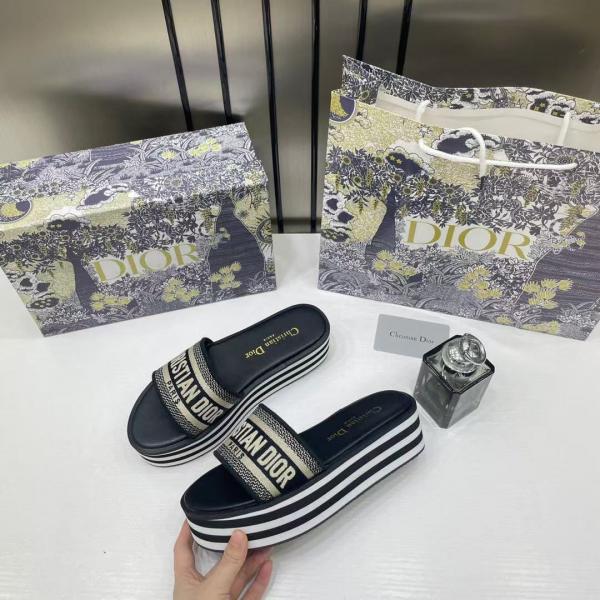Dior Riviera Dway Platform Raffia Slides For Women With OG Box And Carry Bag Black 5099