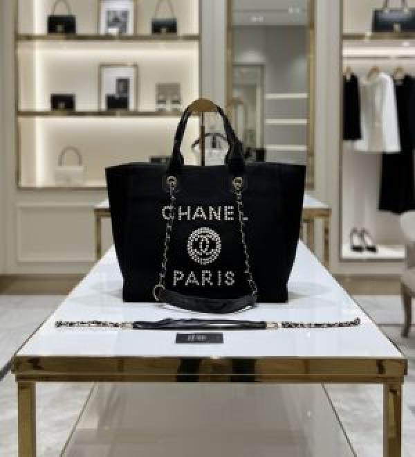Chanel deauville pearl canvas tote bag black 5626