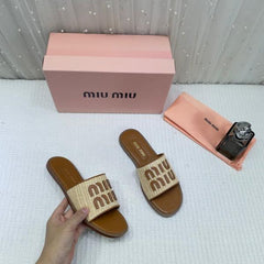 Miu Miu Logo patch Raffia Slides With OG Box Carry & Bag Brown 19D