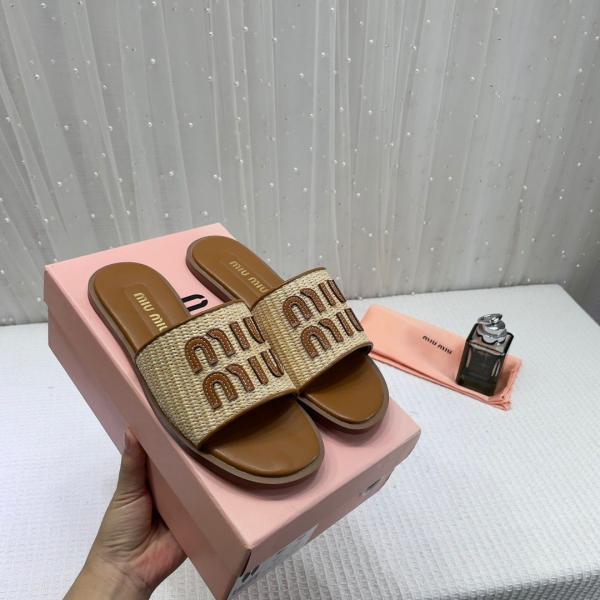 Miu Miu Logo patch Raffia Slides With OG Box Carry & Bag Brown 19D