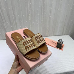 Miu Miu Logo patch Raffia Slides With OG Box Carry & Bag Brown 19D