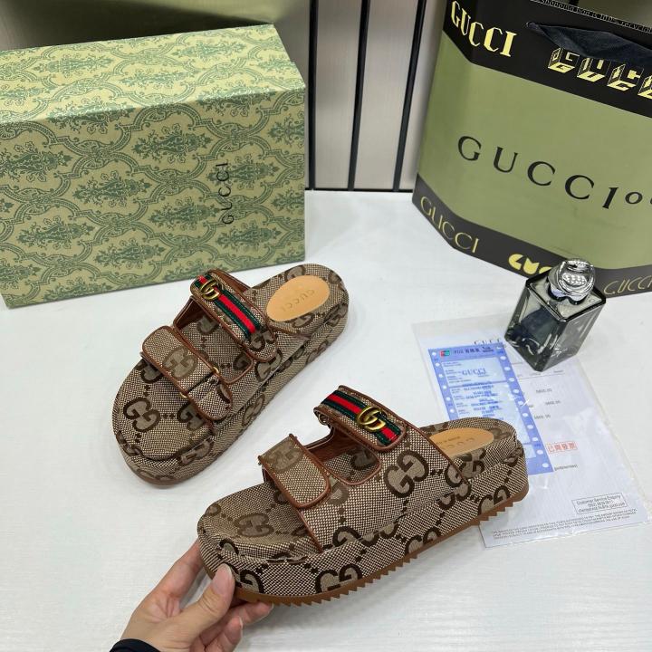 Gucci Womens Platform Slide Sandal GG Canvas With OG Box Carry Bag