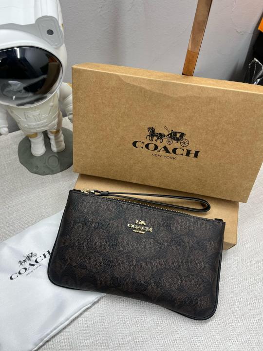 Coach Corner Zip Wristlet In Signature Canvas With Brown With OG Box & Dust Bag 101