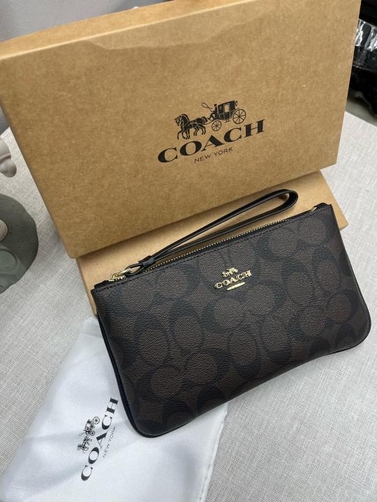 Coach Corner Zip Wristlet In Signature Canvas With Brown With OG Box & Dust Bag 101