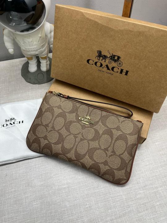 Coach Corner Zip Wristlet In Signature Canvas With Brown With OG Box & Dust Bag 102
