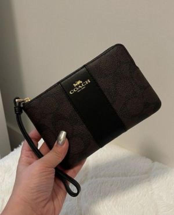 Coach Corner Zip Wristlet In Signature Brown Canvas With Black Stripe With OG Box & Dust Bag 103