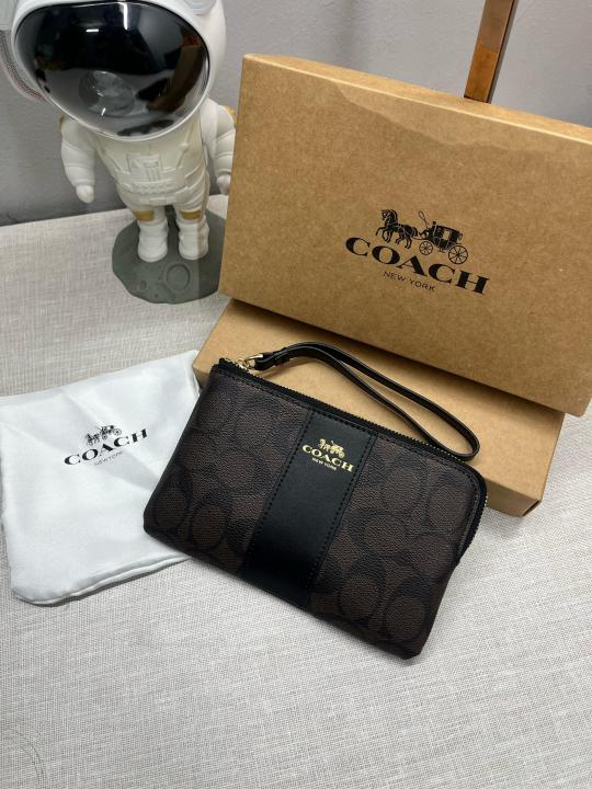 Coach Corner Zip Wristlet In Signature Brown Canvas With Black Stripe With OG Box & Dust Bag 103