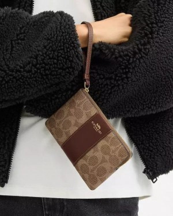 Coach Corner Zip Wristlet In Signature Canvas With Brown Stripe With OG Box & Dust Bag 104