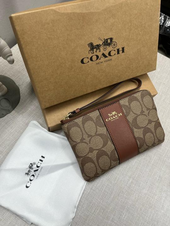 Coach Corner Zip Wristlet In Signature Canvas With Brown Stripe With OG Box & Dust Bag 104