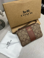 Coach Corner Zip Wristlet In Signature Canvas With Brown Stripe With OG Box & Dust Bag 104