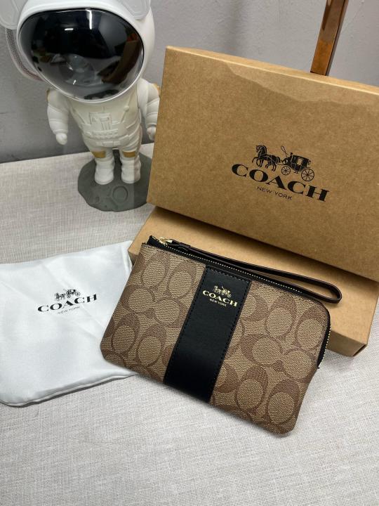 Coach Corner Zip Wristlet In Signature Canvas With Black Stripe With OG Box & Dust Bag 105