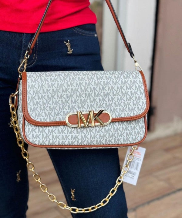 Michael Kors Parker Medium Logo Shoulder Bag With Dust Bag & OG Box 22319 Beige Brown