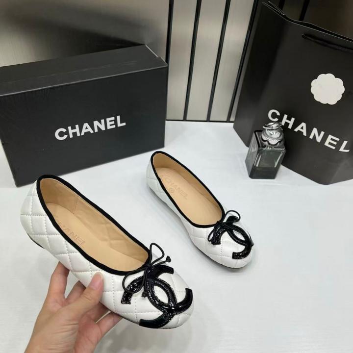 Chanel Quilted Cambon Leather Ballet Flats In White & Black With black Toe Bow With OG Box & Carry Bag