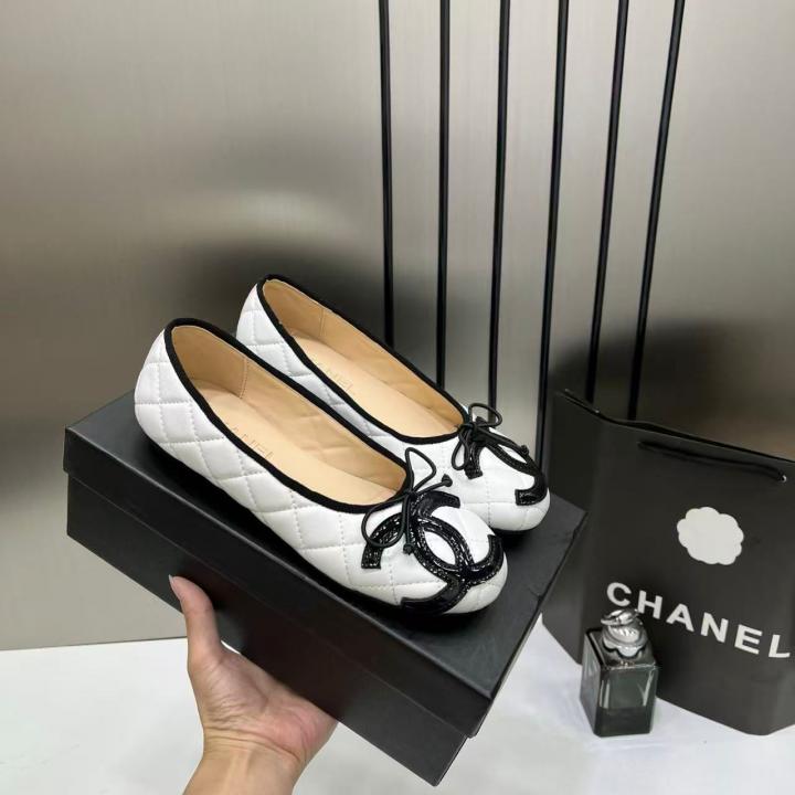 Chanel Quilted Cambon Leather Ballet Flats In White & Black With black Toe Bow With OG Box & Carry Bag