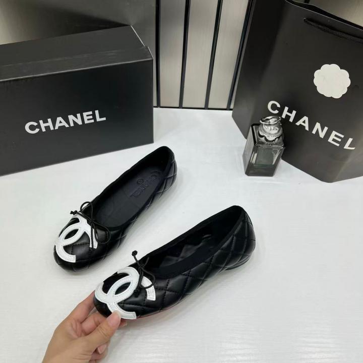 Chanel Quilted Cambon Leather Ballet Flats In Black & White With White Toe Bow With OG Box & Carry Bag