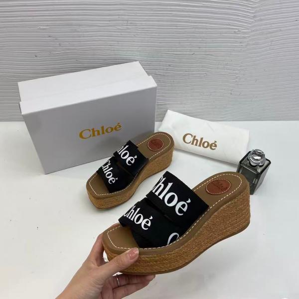 Chloe Woody Wedge Espadrille Sandals Platform Heel Black Logo embroidered Straps With OG Box Black