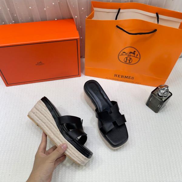 Hermes Black Oran Wedge Platform Sandal Heel With OG Box & Carry Bag Black Leather