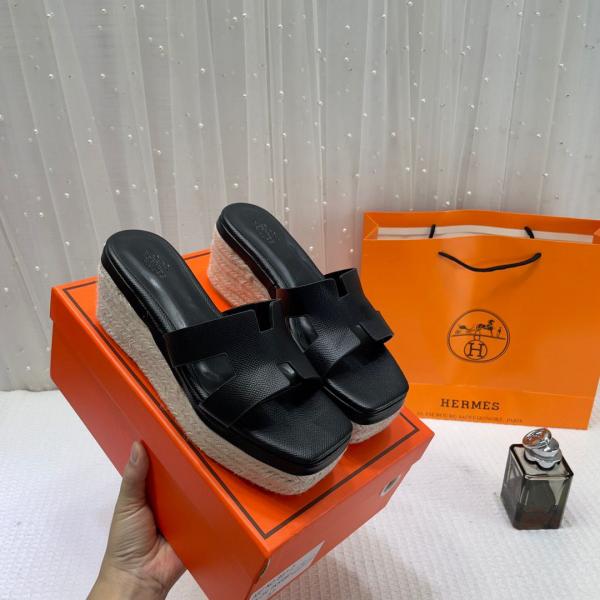Hermes Black Oran Wedge Platform Sandal Heel With OG Box & Carry Bag Black Leather