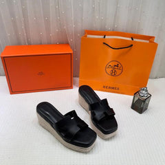 Hermes Black Oran Wedge Platform Sandal Heel With OG Box & Carry Bag Black Leather