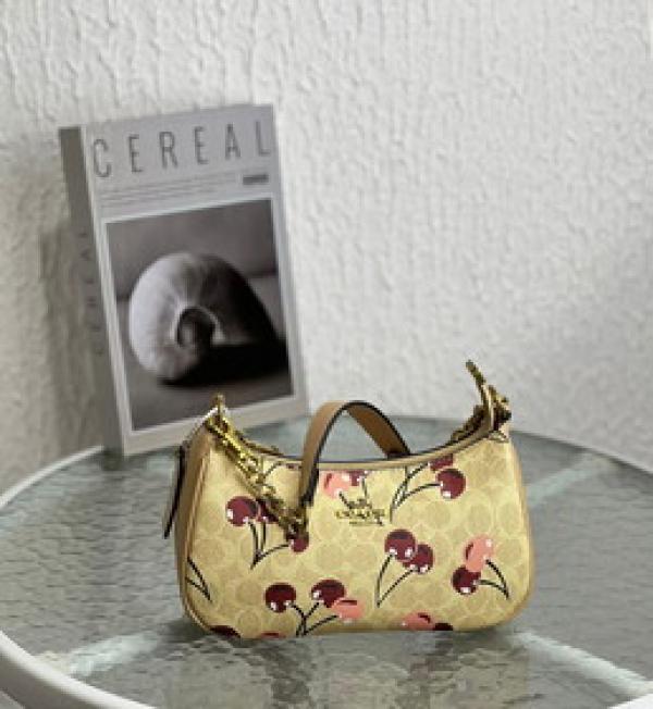 Coach Teri Shoulder Bag Signature Canvas Cherry Print Flower Rice With OG Box Dust Cover Carry Bag 88075