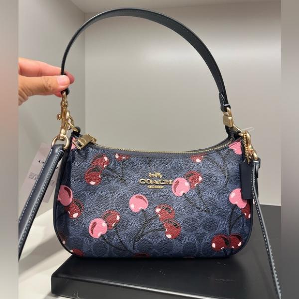 Coach Teri Shoulder Bag Signature Canvas Cherry Print Flower Blue With OG Box Dust Cover Carry Bag 88075