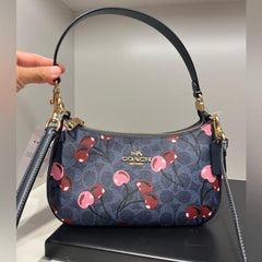 Coach Teri Shoulder Bag Signature Canvas Cherry Print Flower Blue With OG Box Dust Cover Carry Bag 88075