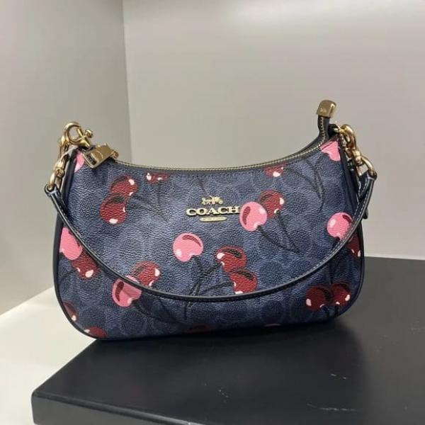 Coach Teri Shoulder Bag Signature Canvas Cherry Print Flower Blue With OG Box Dust Cover Carry Bag 88075