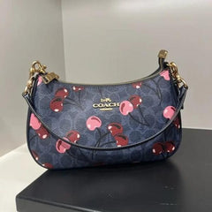 Coach Teri Shoulder Bag Signature Canvas Cherry Print Flower Blue With OG Box Dust Cover Carry Bag 88075