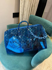 Louis Vuitton Keepall Bandouliere 50 Blue Transparent Travel Duffle Bag With Dust Bag (L 810)