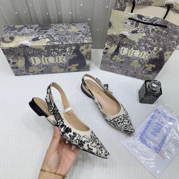Christian Dior JA Dior Slingback Black Dior Embroidery Flat With OG Box Dust Bag & Carry Bag 5108 Black