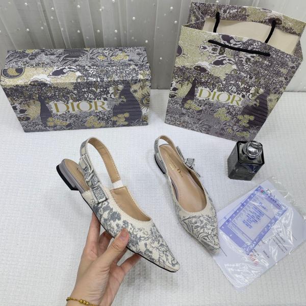 Christian Dior JA Dior Slingback Grey Dior Embroidery Flat With OG Box Dust Bag & Carry Bag 5108 Grey