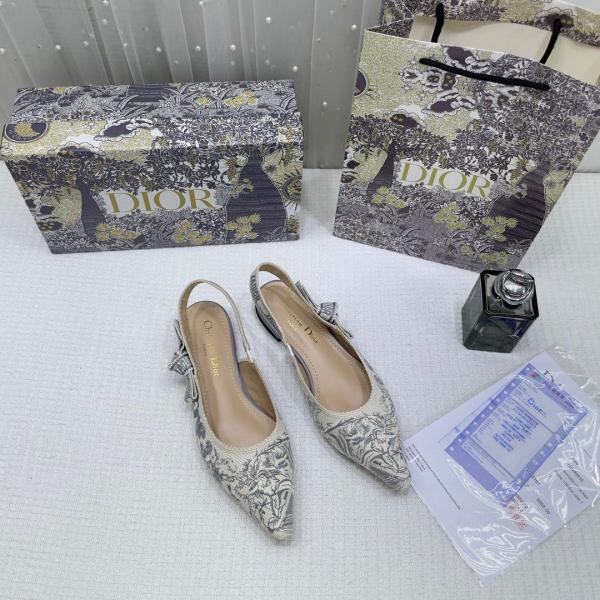 Christian Dior JA Dior Slingback Grey Dior Embroidery Flat With OG Box Dust Bag & Carry Bag 5108 Grey