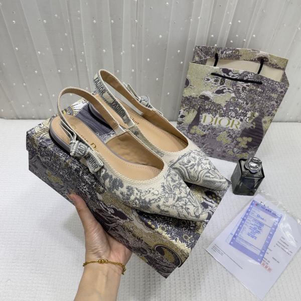 Christian Dior JA Dior Slingback Grey Dior Embroidery Flat With OG Box Dust Bag & Carry Bag 5108 Grey