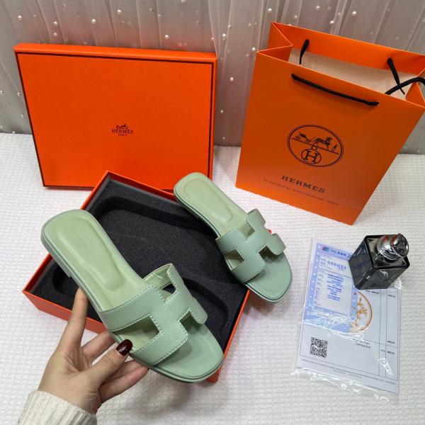 Hermes Oran Sandals Slide Vert Jade Epsom Mint Green Calfskin Leather With OG Box Carry Bag