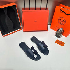 Hermes Oran Sandals Slide Vert Jade Epsom Mid Night Blue Calfskin Leather With OG Box Carry Bag
