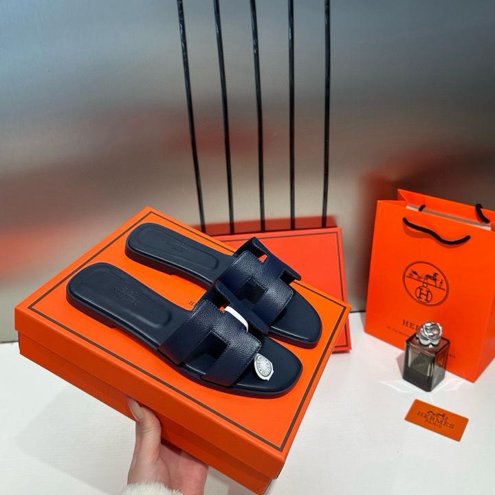 Hermes Oran Sandals Slide Vert Jade Epsom Mid Night Blue Calfskin Leather With OG Box Carry Bag
