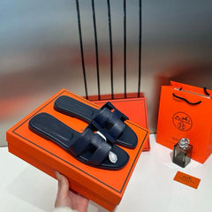 Hermes Oran Sandals Slide Vert Jade Epsom Mid Night Blue Calfskin Leather With OG Box Carry Bag