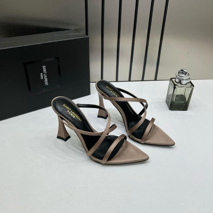 YSL Saint Laurent Paris Strappy Heeled Sandals Heels With OG Box & Carry Bag Soft Gold Beige