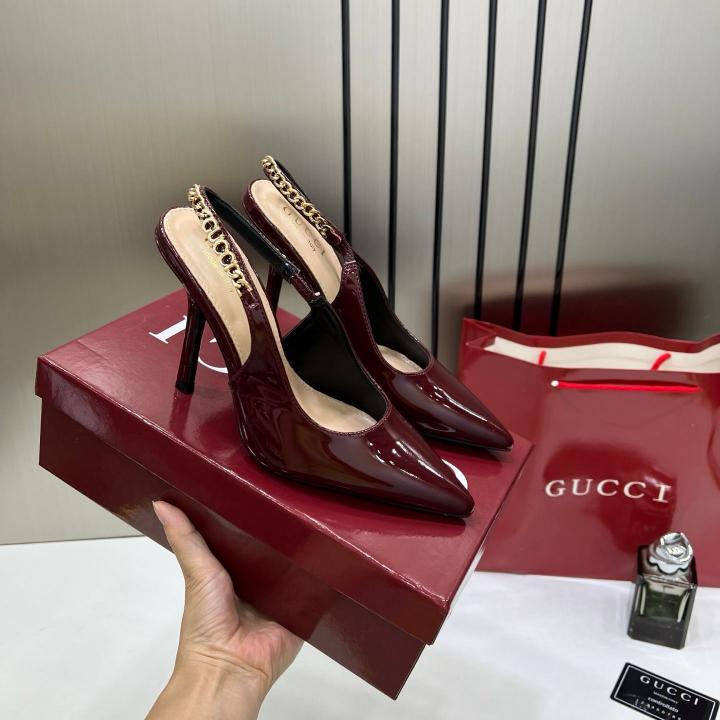 Gucci Signoria Slingback Pumps Rosso Ancora Patent Leather Wine 933 G1