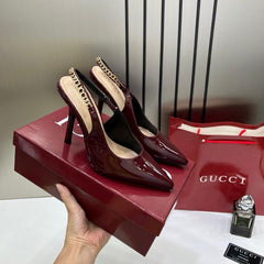 Gucci Signoria Slingback Pumps Rosso Ancora Patent Leather Wine 933 G1