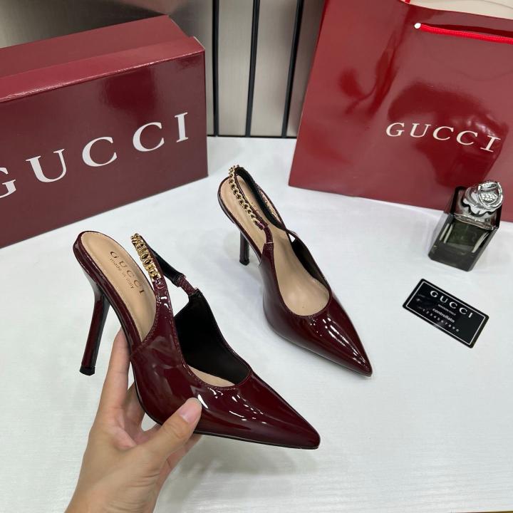 Gucci Signoria Slingback Pumps Rosso Ancora Patent Leather Wine 933 G1