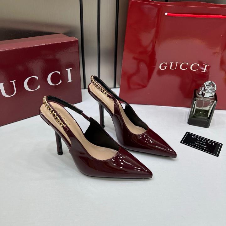 Gucci Signoria Slingback Pumps Rosso Ancora Patent Leather Wine 933 G1