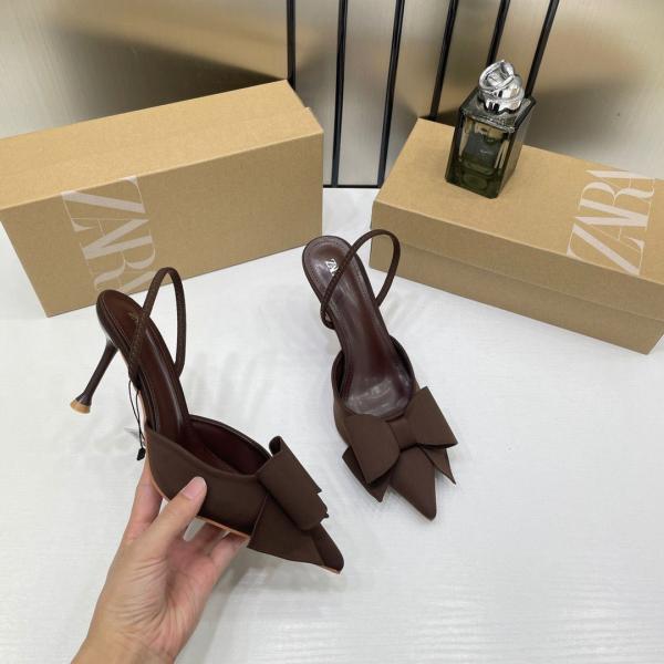 Zara Women Brown PU Bow-Detail High-Heeled Mules With OG Box Brown 6528-5